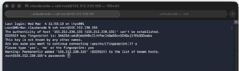 Первое подключение по SSH — fingerprint и ввод пароля